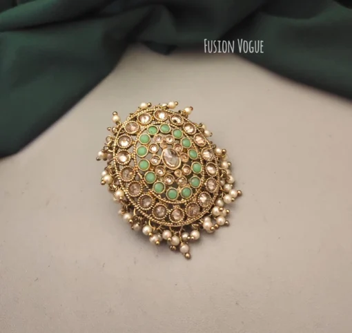 Glamaya Ethnic Green Pearl Jumbo Adjustable Ring: Statement Piece For Women 1 GLAM-RI-CZ-38F3-803254-50-6