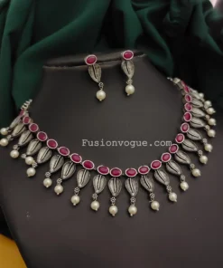 Glamaya Pink Choker Jewelry Set: Silver Lookalike Earrings Included 1 GLAM-CN-OX-80-249254-150-2