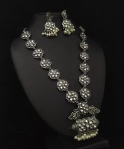Glamaya Elegant White Oxidized Silver Long Necklace Set - Trendy Antique Design 1 GLAM-CN-OX-74-497248-110-5