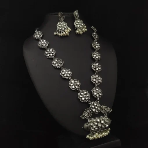 Glamaya Elegant White Oxidized Silver Long Necklace Set - Trendy Antique Design 1 GLAM-CN-OX-74-497248-110-5