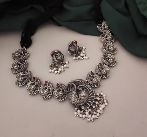 Glamaya Red Peacock Oxidised Choker Set - Trendy Necklace & Earrings 1 GLAM-CN-BP-21F4-888579-35-7