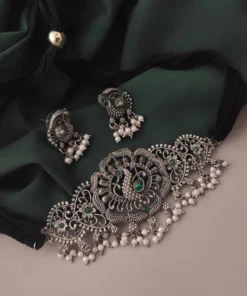 Glamaya Peacock Oxidized Choker Set With Earrings 1 GLAM-CN-BP-28-833120-42-5