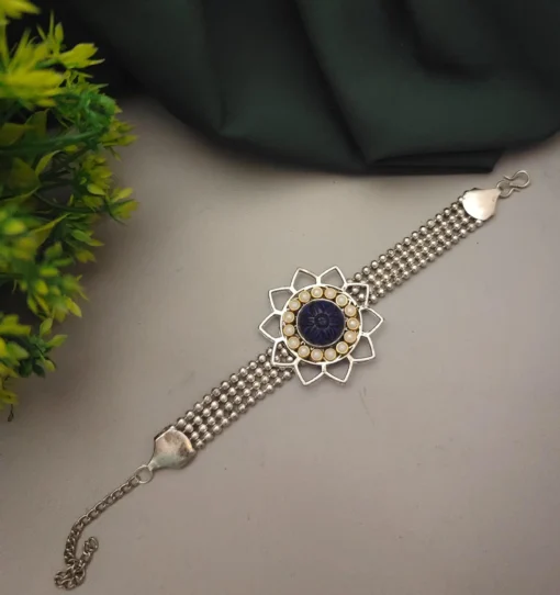Glamaya Blue Oxidised Flower Bracelet: Trendy Armlet For Women 1 GLAM-BB-OX-50-220459-82-2