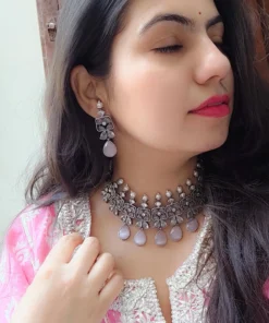 Glamaya Pink Silver Lookalike Choker Set: Premium Necklace Earrings 2 GLAM-CN-OX-300-624803-525-2