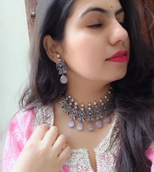 Glamaya Pink Silver Lookalike Choker Set: Premium Necklace Earrings 2 GLAM-CN-OX-300-624803-525-2 Glamaya Pink Silver Lookalike Choker Set: Premium Necklace Earrings 2 GLAM-CN-OX-300-624803-525-2