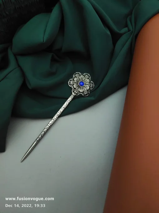 Glamaya Blue Oxidised Flower Bun Stick: Trendy & Affordable Hair Accessory 1 GLAM-HA-OX-6F7-153381-15-9