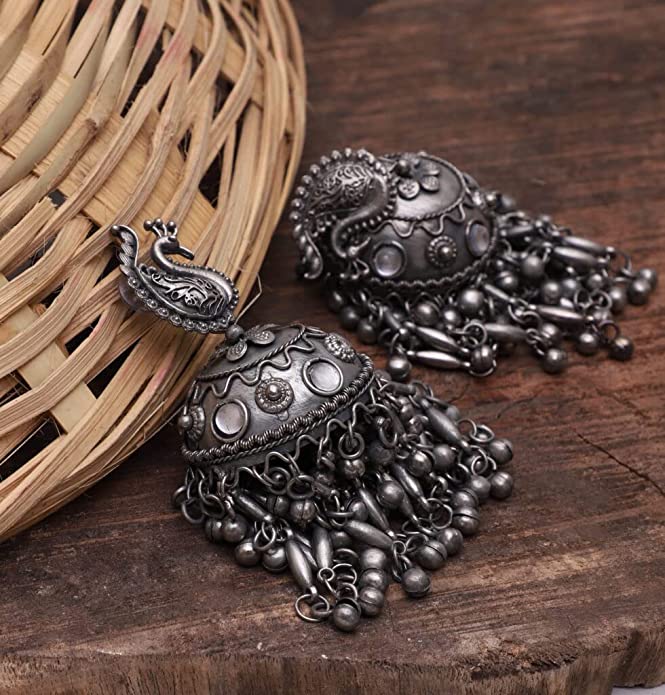 Yellow - Saanjh Bela Peacock Oxidised Jhumka Earrings