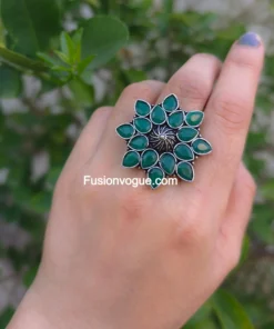 Glamaya Green Oxidised Stone Adjustable Ring - Buy 2 Get 1 Free! 2 GLAM-RI-ST-3F8-377880-8-8