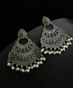 Glamaya Green Silver Chandbali Earrings: Latest Design For Women 2 GLAM-ER-OX-45-044443-75-4