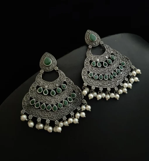 Glamaya Green Silver Chandbali Earrings: Latest Design For Women 2 GLAM-ER-OX-45-044443-75-4 Glamaya Green Silver Chandbali Earrings: Latest Design For Women 2 GLAM-ER-OX-45-044443-75-4