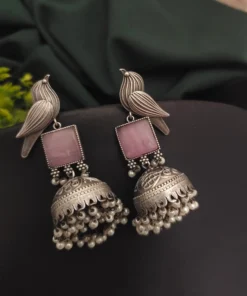 Glamaya Silver Monalisa Stone Jhumka: Traditional Indian Earrings 1 GLAM-ER-ST-55-669425-75-4