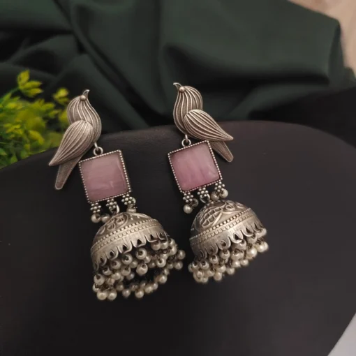 Glamaya Silver Monalisa Stone Jhumka: Traditional Indian Earrings 1 GLAM-ER-ST-55-669425-75-4