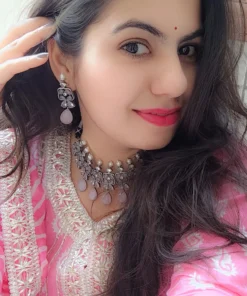 Glamaya Pink Silver Lookalike Choker Set: Premium Necklace Earrings 3 GLAM-CN-OX-300-624803-525-2