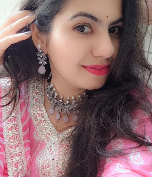 Glamaya Pink Silver Lookalike Choker Set: Premium Necklace Earrings 3 GLAM-CN-OX-300-624803-525-2 Glamaya Pink Silver Lookalike Choker Set: Premium Necklace Earrings 3 GLAM-CN-OX-300-624803-525-2