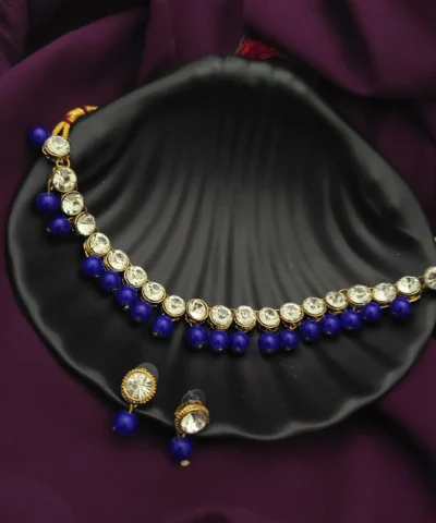 Glamaya Blue Kundan Choker Earrings Set: Elegant Indian Jewelry 1 GLAM-CN-KU-5F7-994092-11-7