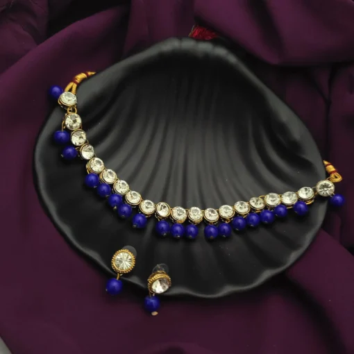 Glamaya Blue Kundan Choker Earrings Set: Elegant Indian Jewelry 1 GLAM-CN-KU-5F7-994092-11-7