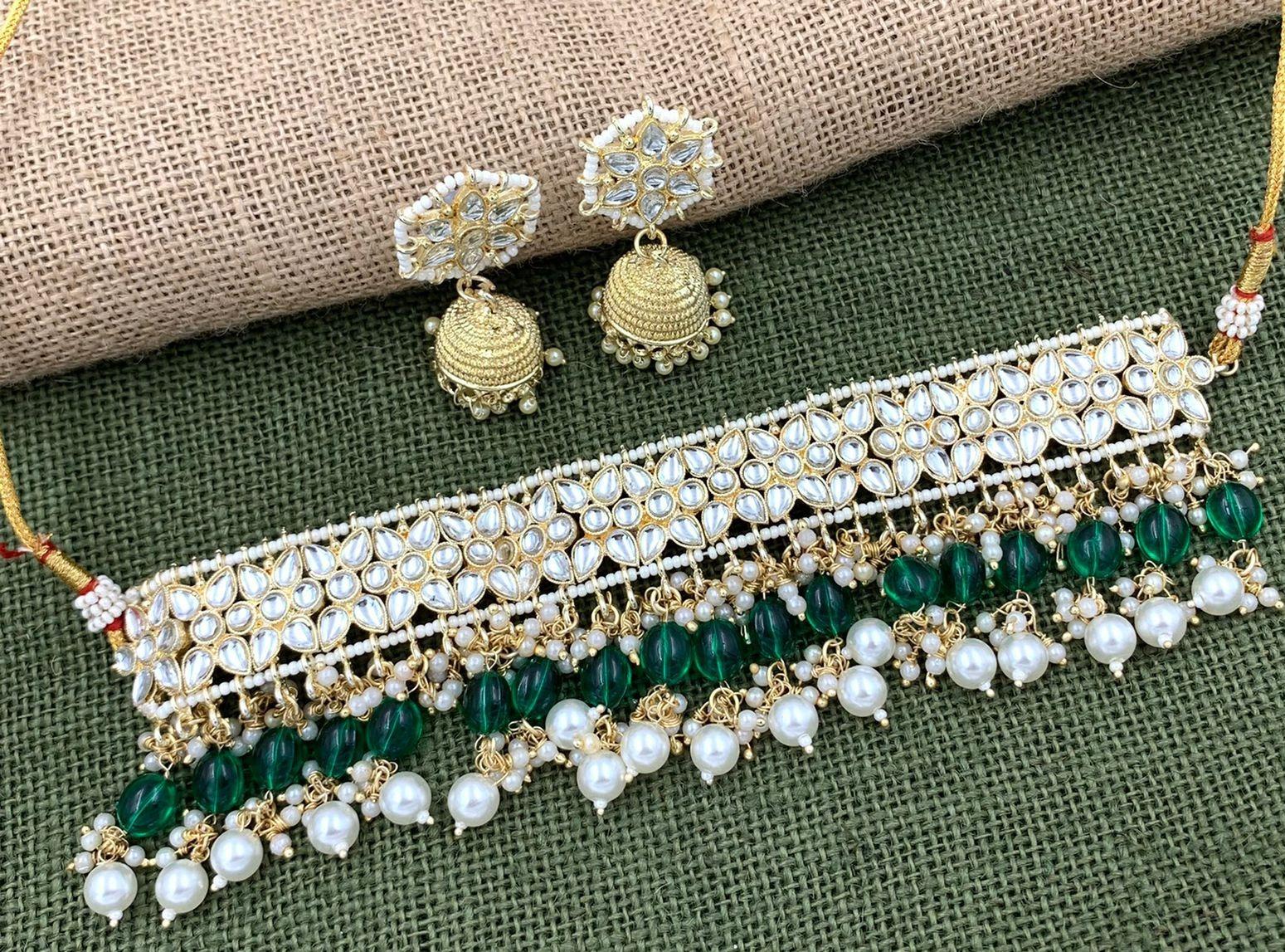 Green - Fabart Phool Kali Shell Choker Necklace Set 01