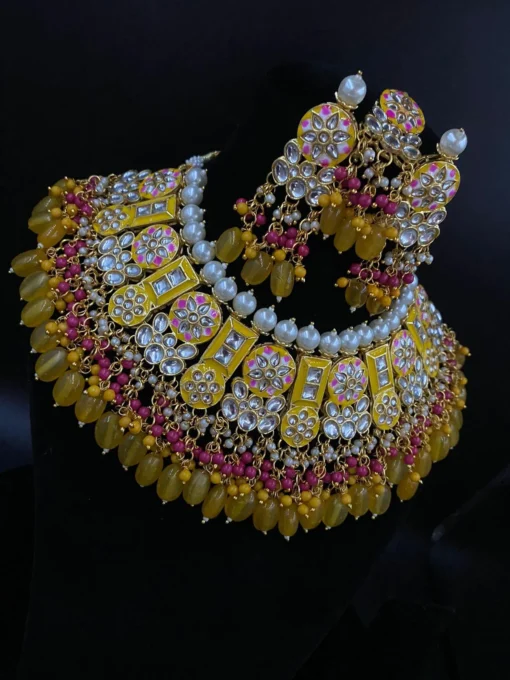 Glamaya Yellow Kundan Meenakari Party Wear Jewelry Set 1 GLAM-CN-KU-85F7-806465-150-7