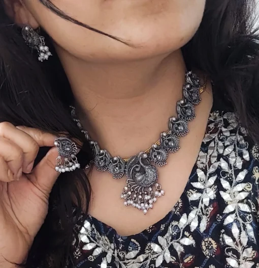 Glamaya Peacock Oxidised Choker Set With Pearl Earrings 2 GLAM-CN-PE-21F4-255017-35-7 Glamaya Peacock Oxidised Choker Set With Pearl Earrings 2 GLAM-CN-PE-21F4-255017-35-7