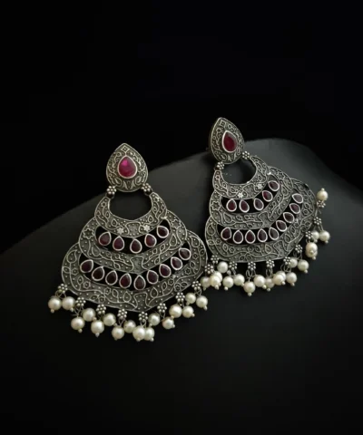 Glamaya Pink Silver Chandbali Earrings - Traditional Indian Style 2 GLAM-ER-OX-45-128621-75-4