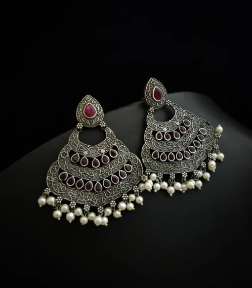 Glamaya Pink Silver Chandbali Earrings – Traditional Indian Style 2 GLAM-ER-OX-45-128621-75-4 Glamaya Pink Silver Chandbali Earrings - Traditional Indian Style 2 GLAM-ER-OX-45-128621-75-4