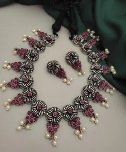 Glamaya Red Choker Earring Set: Trendy Silver Lookalike 1 GLAM-CN-OX-27-125117-43-10