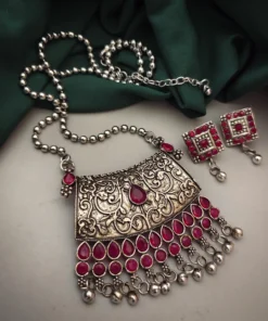 Glamaya Premium Pink Oxidised Earring Necklace Set - Trendy Long Chain Combo 1 GLAM-CN-OX-30-837646-49-5
