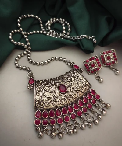 Glamaya Premium Pink Oxidised Earring Necklace Set - Trendy Long Chain Combo 1 GLAM-CN-OX-30-837646-49-5