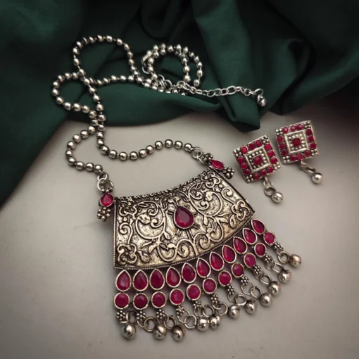 Glamaya Premium Pink Oxidised Earring Necklace Set - Trendy Long Chain Combo 1 GLAM-CN-OX-30-837646-49-5
