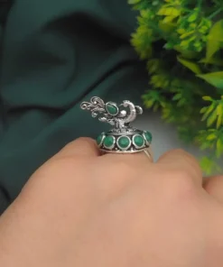 Glamaya Green Peacock Adjustable Ring - Trendy Women's Oxidized Jewelry 2 GLAM-RI-OX-3F8-398973-8-8
