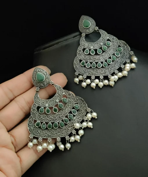 Glamaya Green Silver Chandbali Earrings: Latest Design For Women 1 GLAM-ER-OX-45-044443-75-4