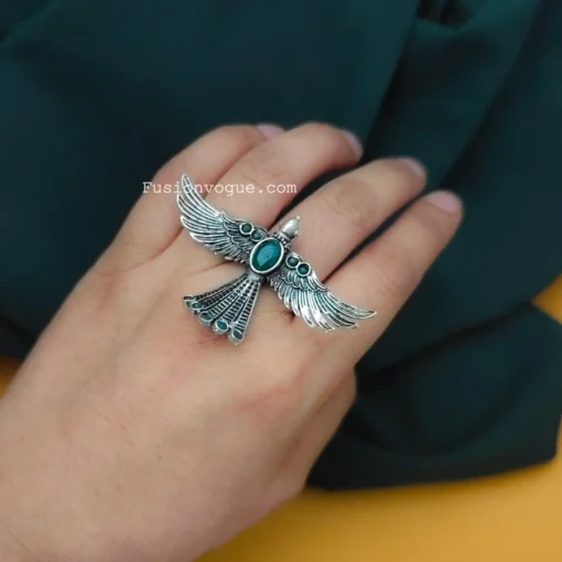 Glamaya Gorgeous Green Oxidised Bird Ring – Adjustable & Trendy 2 GLAM-RI-OX-23F3-971174-45-3 Glamaya Gorgeous Green Oxidised Bird Ring - Adjustable & Trendy 2 GLAM-RI-OX-23F3-971174-45-3