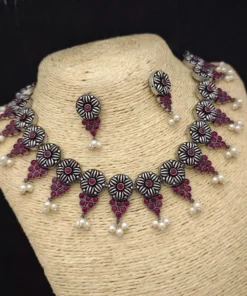 Glamaya Red Choker Earring Set: Trendy Silver Lookalike 2 GLAM-CN-OX-27-125117-43-10