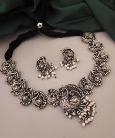 Glamaya Blue Peacock Choker Earrings Set - Elegant Oxidised Combo 1 GLAM-CN-BP-21F4-190010-35-7