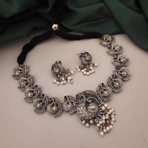 Glamaya Blue Peacock Choker Earrings Set - Elegant Oxidised Combo 1 GLAM-CN-BP-21F4-190010-35-7