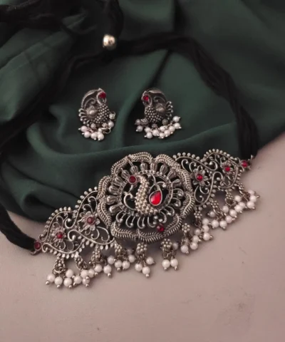 Glamaya Peacock Choker Necklace Earrings Set - Trendy Oxidised Combo 1 GLAM-CN-BP-70-451195-105-2
