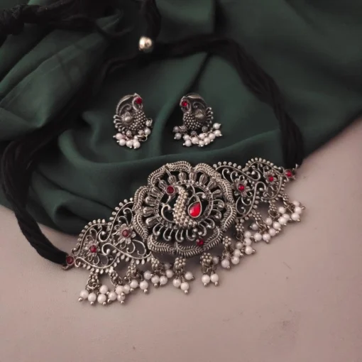 Glamaya Peacock Choker Necklace Earrings Set - Trendy Oxidised Combo 1 GLAM-CN-BP-70-451195-105-2