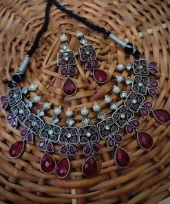 Glamaya Stunning Red Choker Necklace Earrings Set - Premium Quality Silver Lookalike Glamour 1 GLAM-CN-OX-85F7-780261-150-7