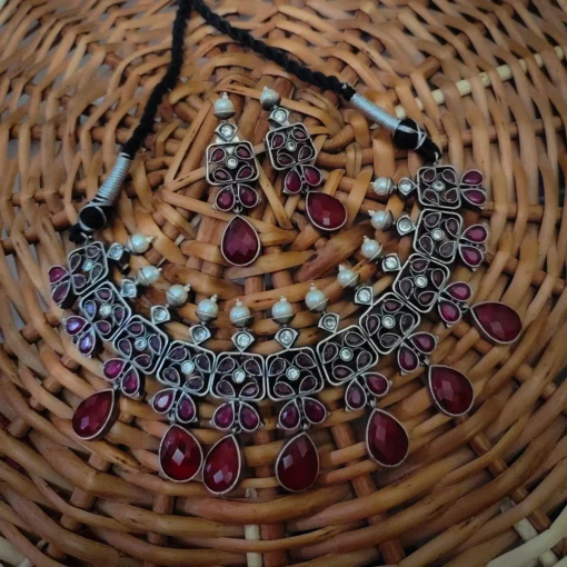 Glamaya Stunning Red Choker Necklace Earrings Set - Premium Quality Silver Lookalike Glamour 1 GLAM-CN-OX-85F7-780261-150-7