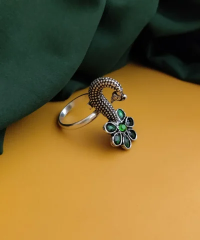 Glamaya Stunning Oxidised Peacock Flower Ring - Elegant Green Design 1 GLAM-RI-OX-15-007789-25-6