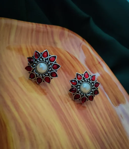 Glamaya Stunning Red Pearl & Stone Stud Earrings For Women 1 GLAM-ER-PE-8F3-610809-15-6