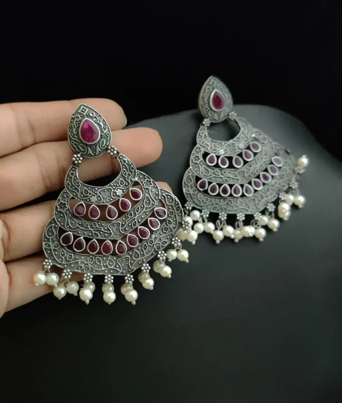 Glamaya Pink Silver Chandbali Earrings - Traditional Indian Style 1 GLAM-ER-OX-45-128621-75-4