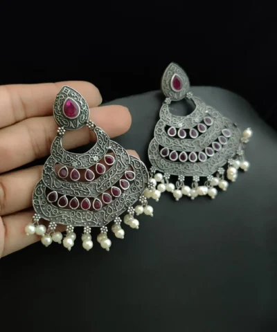 Glamaya Pink Silver Chandbali Earrings - Traditional Indian Style 1 GLAM-ER-OX-45-128621-75-4