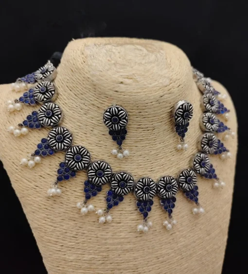 Glamaya Blue Silver Lookalike Choker Earring Set: Trendy Combo For All Ages 2 GLAM-CN-OX-54-116396-86-5 Glamaya Blue Silver Lookalike Choker Earring Set: Trendy Combo For All Ages 2 GLAM-CN-OX-54-116396-86-5