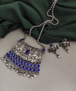Glamaya Blue Stone Chain Necklace Earring Set: Trendy Oxidised Combo 1 GLAM-CN-ST-16-016006-30-10