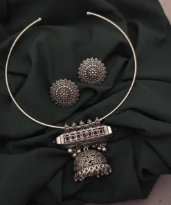 Glamaya Red Stone Jhumka Hasli Set - Traditional Oxidised Jewelry 1 GLAM-CN-ST-23F3-725557-35-6