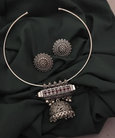 Glamaya Red Stone Jhumka Hasli Set - Traditional Oxidised Jewelry 1 GLAM-CN-ST-23F3-725557-35-6