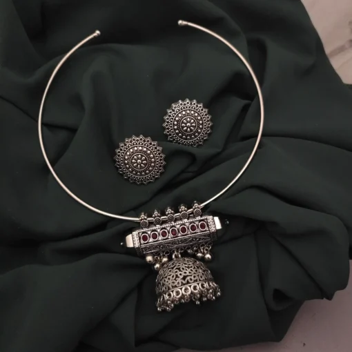 Glamaya Red Stone Jhumka Hasli Set - Traditional Oxidised Jewelry 1 GLAM-CN-ST-23F3-725557-35-6