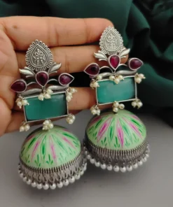Glamaya Alia-inspired Green Handpainted Jhumka Earrings | Traditional Indian Style 1 GLAM-ER-HA-225-283972-275-2