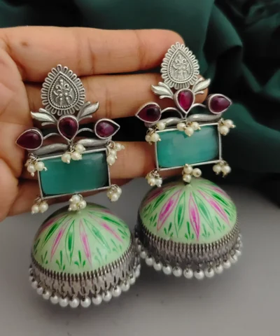 Glamaya Alia-inspired Green Handpainted Jhumka Earrings | Traditional Indian Style 1 GLAM-ER-HA-225-283972-275-2